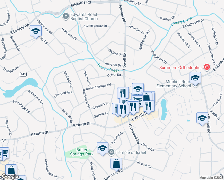 map of restaurants, bars, coffee shops, grocery stores, and more near 805 Butler Springs Road in Greenville