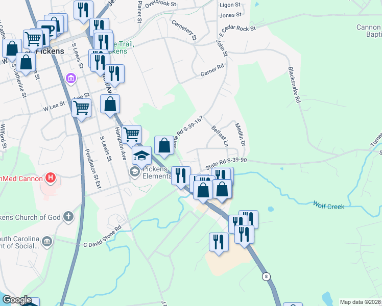 map of restaurants, bars, coffee shops, grocery stores, and more near 125 Newton Hill Road in Pickens