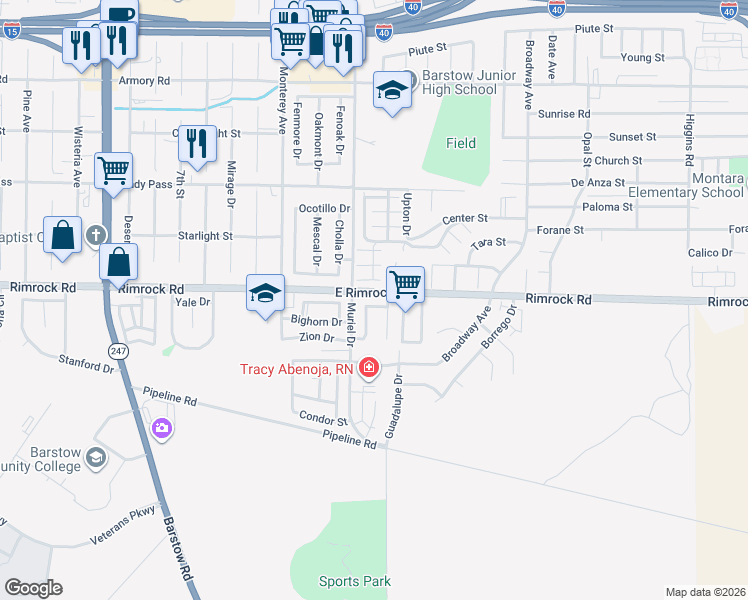 map of restaurants, bars, coffee shops, grocery stores, and more near 1013 Glacier Drive in Barstow