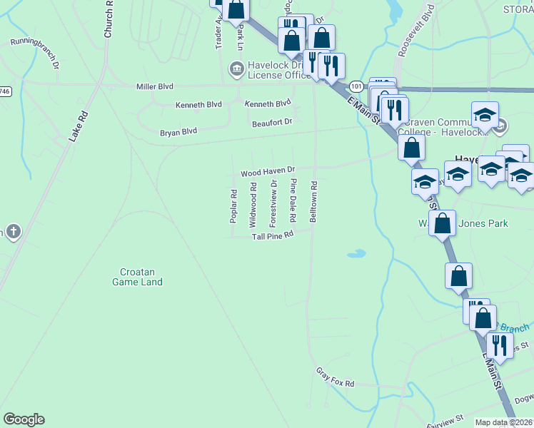 map of restaurants, bars, coffee shops, grocery stores, and more near 216 Forest View Drive in Havelock