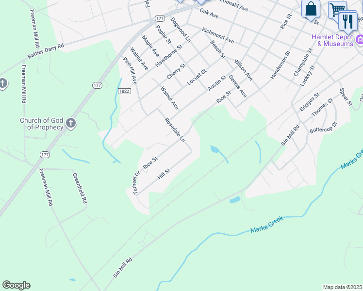 map of restaurants, bars, coffee shops, grocery stores, and more near 411 Rosedale Ln in Hamlet