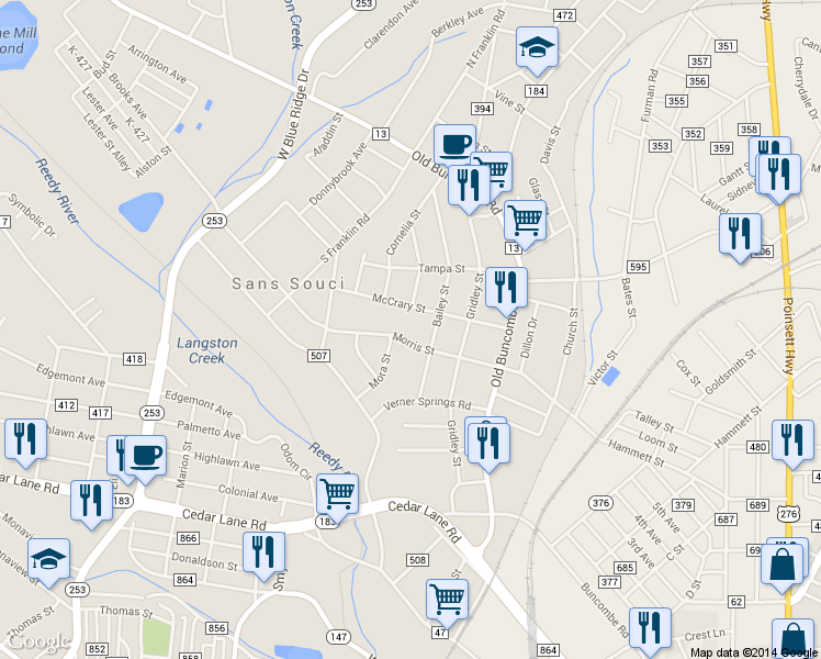 map of restaurants, bars, coffee shops, grocery stores, and more near 316 Morris Street in Greenville