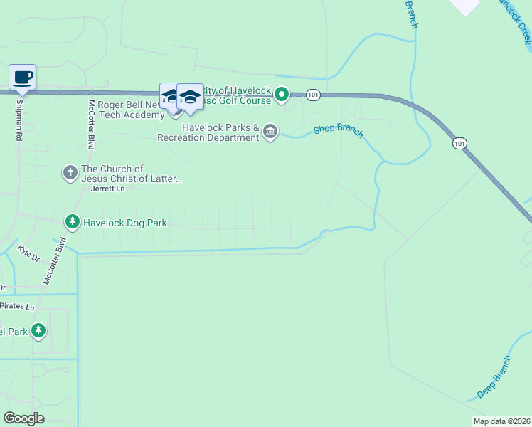 map of restaurants, bars, coffee shops, grocery stores, and more near 1413 Scotch Pine Court in Havelock