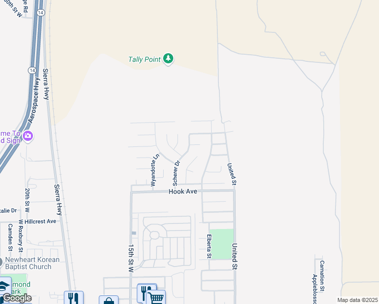 map of restaurants, bars, coffee shops, grocery stores, and more near 3756 Scherer Drive in Rosamond