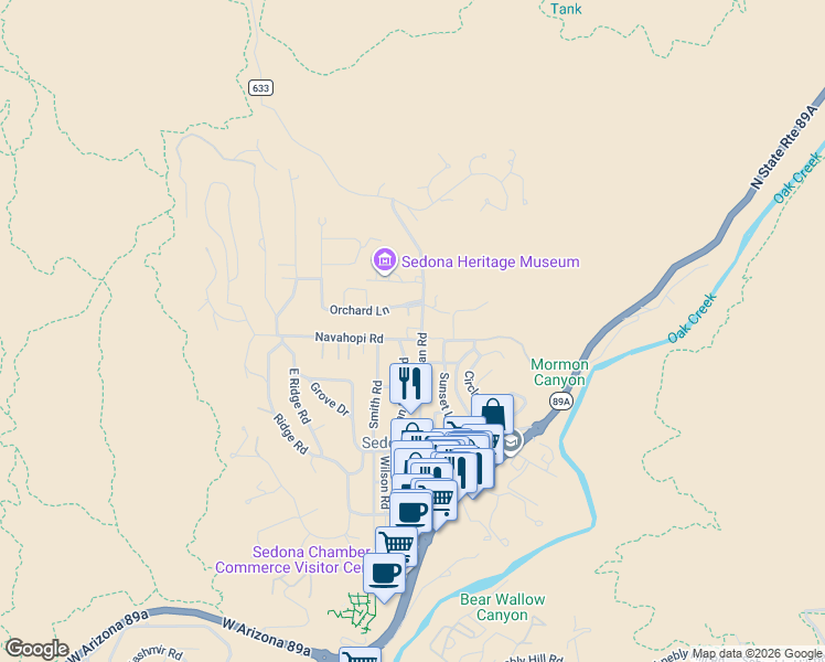 map of restaurants, bars, coffee shops, grocery stores, and more near 346 Navahopi Road in Sedona