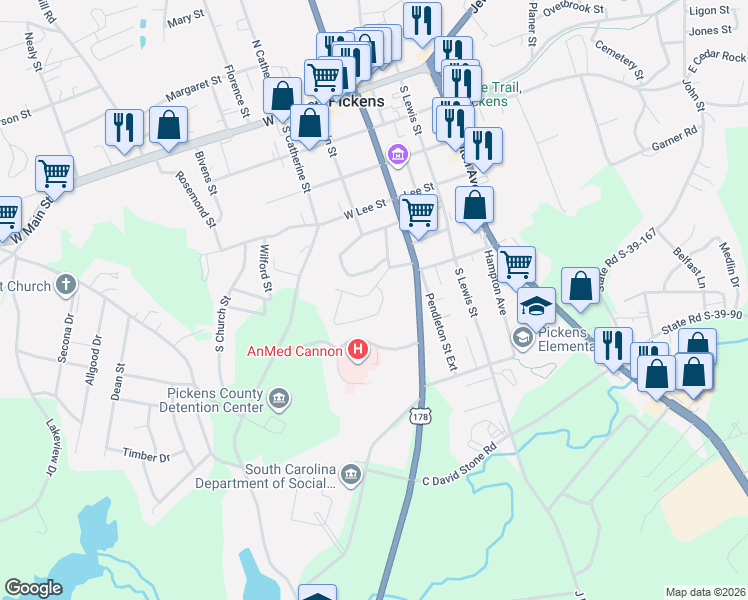 map of restaurants, bars, coffee shops, grocery stores, and more near 311 Liberty Drive in Pickens