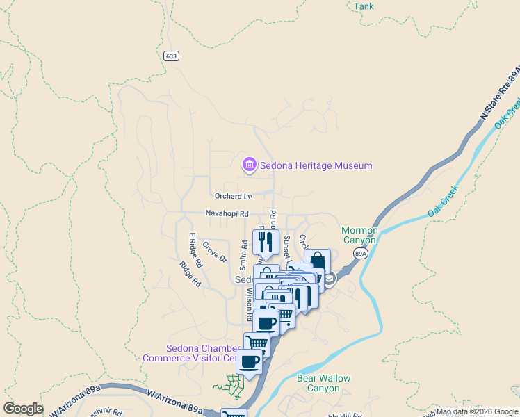 map of restaurants, bars, coffee shops, grocery stores, and more near 346 Navahopi Road in Sedona