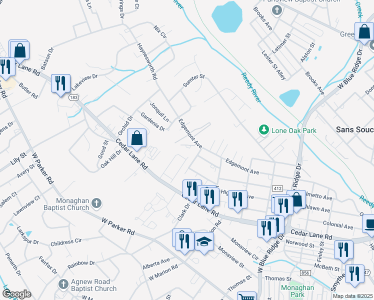 map of restaurants, bars, coffee shops, grocery stores, and more near 701 Edgemont Avenue in Greenville