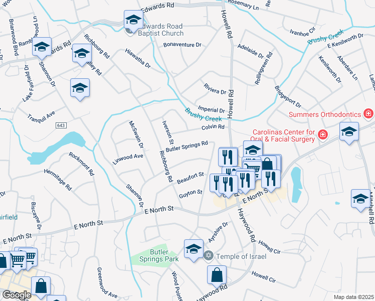 map of restaurants, bars, coffee shops, grocery stores, and more near 827 Butler Springs Road in Greenville