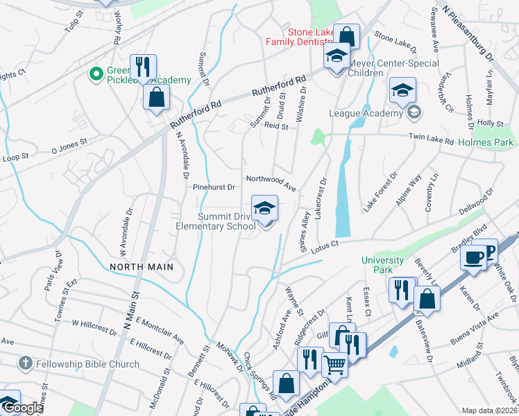 map of restaurants, bars, coffee shops, grocery stores, and more near 14 Idlewood Drive in Greenville