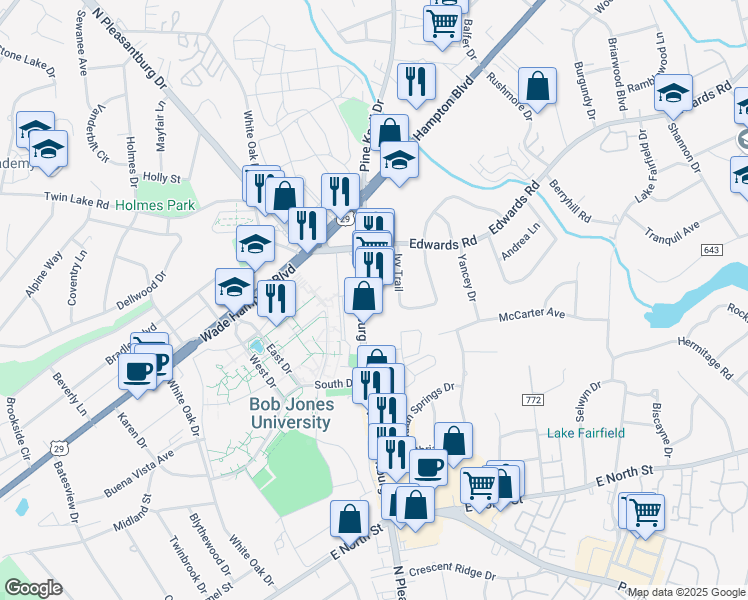 map of restaurants, bars, coffee shops, grocery stores, and more near 1348 North Pleasantburg Drive in Greenville