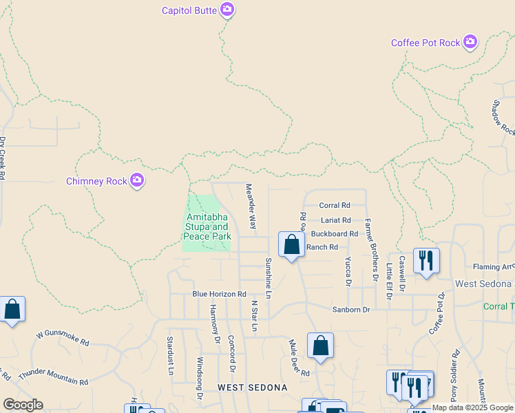 map of restaurants, bars, coffee shops, grocery stores, and more near 100 Meander Way in Sedona