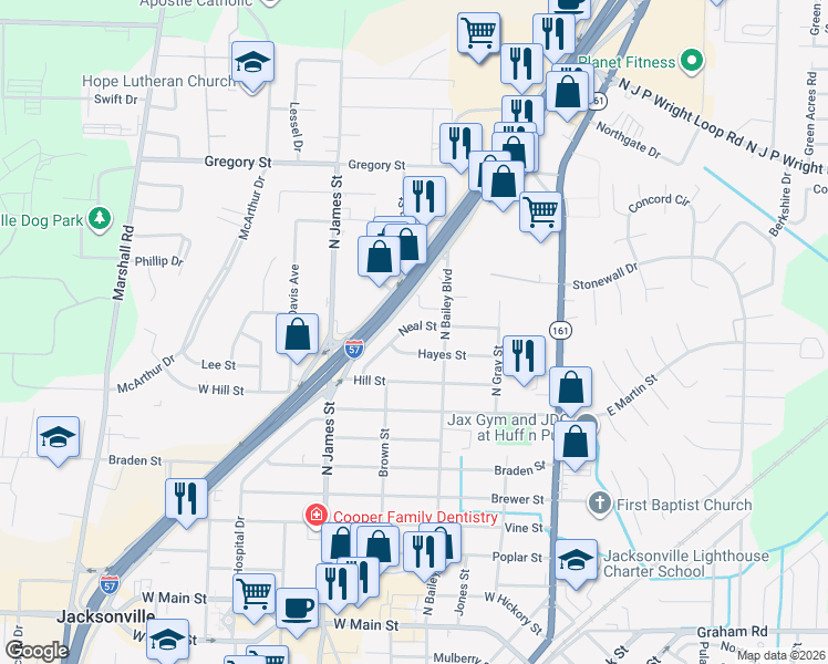 map of restaurants, bars, coffee shops, grocery stores, and more near 601 Neal Street in Jacksonville