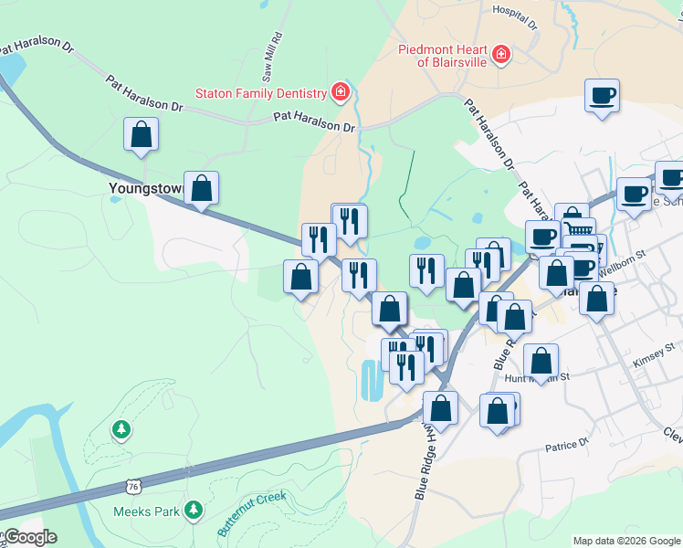 map of restaurants, bars, coffee shops, grocery stores, and more near 121 Murphy Hwy in Blairsville