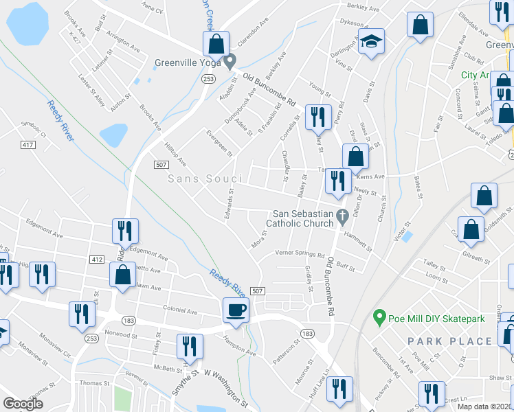 map of restaurants, bars, coffee shops, grocery stores, and more near 408 Morris Street in Greenville