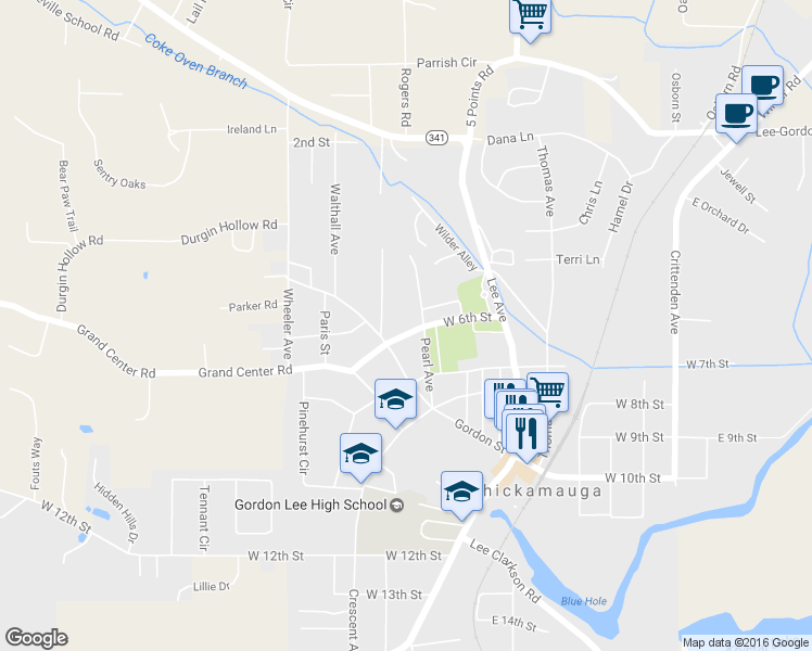 map of restaurants, bars, coffee shops, grocery stores, and more near 905 West 6th Street in Chickamauga