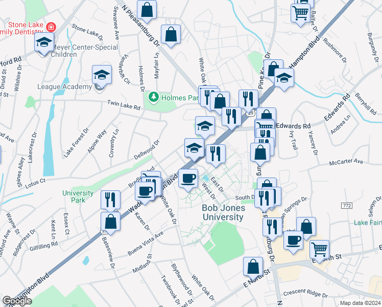 map of restaurants, bars, coffee shops, grocery stores, and more near in Greenville
