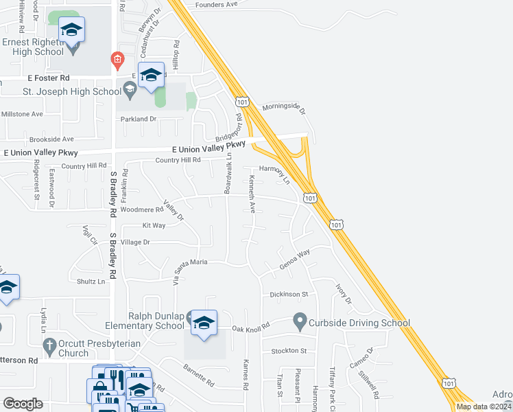 map of restaurants, bars, coffee shops, grocery stores, and more near 4398 Kenneth Avenue in Santa Maria