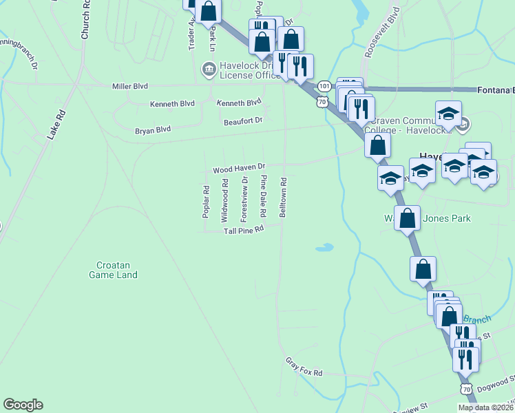 map of restaurants, bars, coffee shops, grocery stores, and more near 216 Pine Dale Rd in Havelock