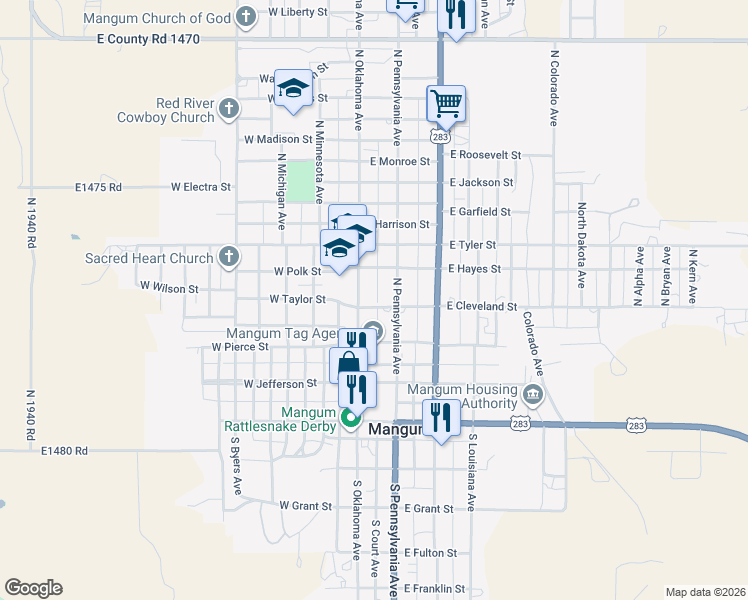 map of restaurants, bars, coffee shops, grocery stores, and more near 111 East Cleveland Street in Mangum