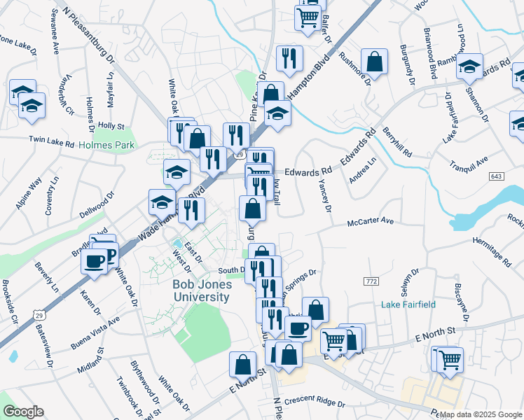 map of restaurants, bars, coffee shops, grocery stores, and more near 1348 North Pleasantburg Drive in Greenville