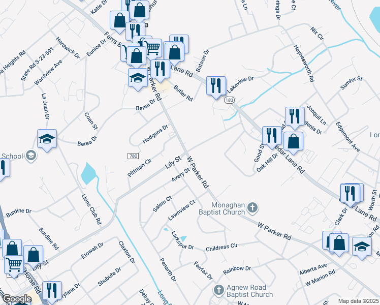 map of restaurants, bars, coffee shops, grocery stores, and more near 1806 West Parker Road in Greenville