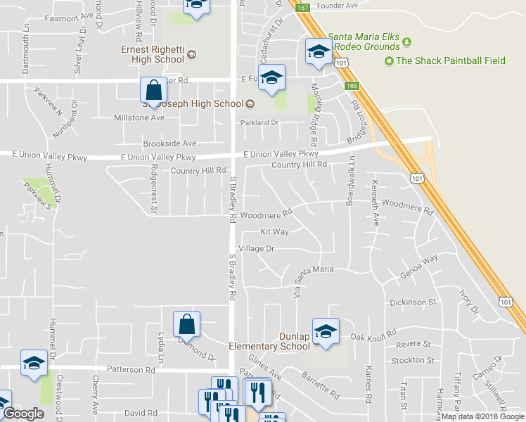 map of restaurants, bars, coffee shops, grocery stores, and more near 1133 Woodmere Road in Santa Maria