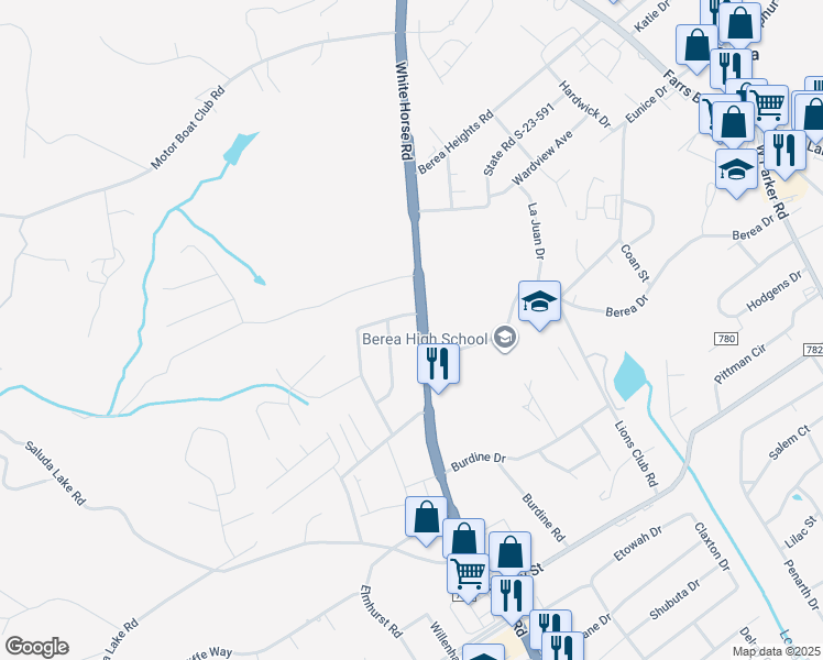 map of restaurants, bars, coffee shops, grocery stores, and more near 7133 White Horse Road in Greenville