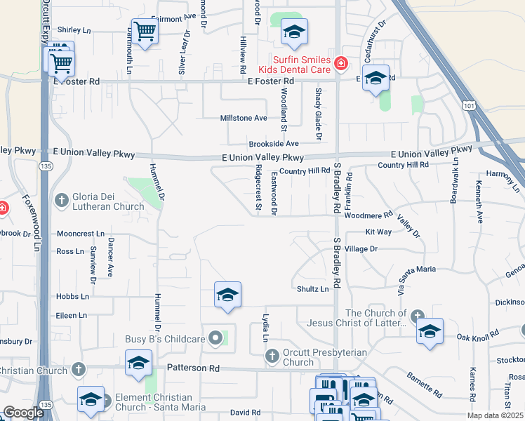 map of restaurants, bars, coffee shops, grocery stores, and more near 4364 Ridgecrest Street in Santa Maria
