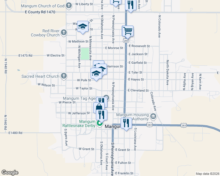 map of restaurants, bars, coffee shops, grocery stores, and more near 111 East Cleveland Street in Mangum
