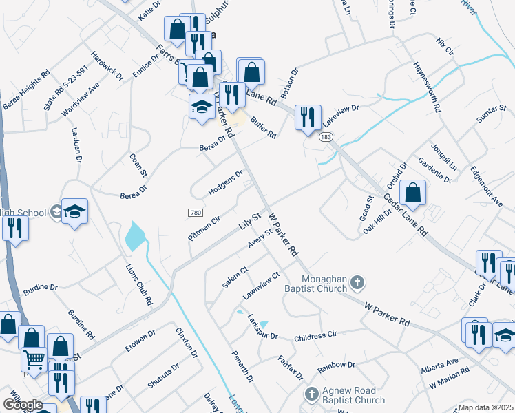 map of restaurants, bars, coffee shops, grocery stores, and more near 1806 West Parker Road in Greenville