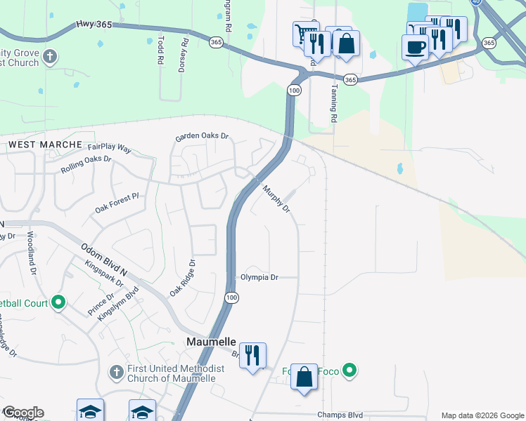 map of restaurants, bars, coffee shops, grocery stores, and more near 1601 Murphy Drive in Maumelle