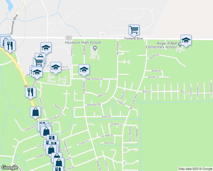 map of restaurants, bars, coffee shops, grocery stores, and more near 125 Glen Drive in Havelock
