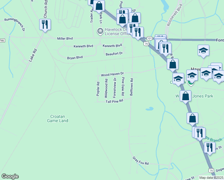map of restaurants, bars, coffee shops, grocery stores, and more near 214 Forestview Drive in Havelock