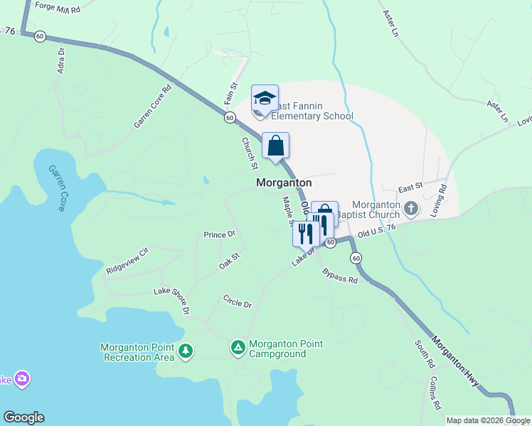map of restaurants, bars, coffee shops, grocery stores, and more near 57 Maple Street in Morganton