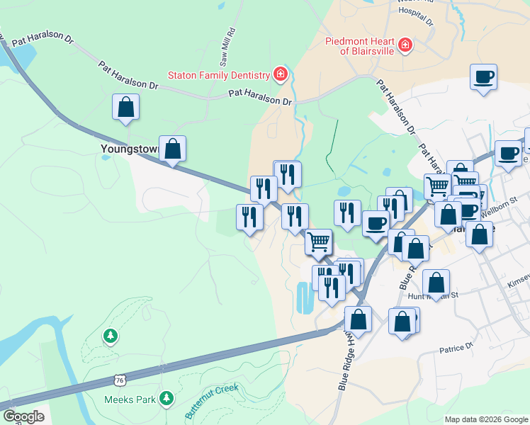 map of restaurants, bars, coffee shops, grocery stores, and more near 121 Murphy Highway in Blairsville