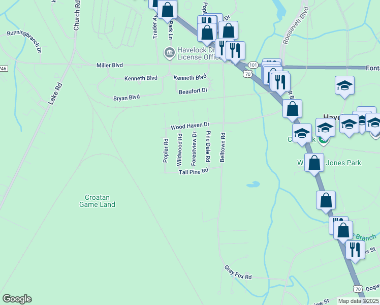 map of restaurants, bars, coffee shops, grocery stores, and more near 214 Forestview Drive in Havelock