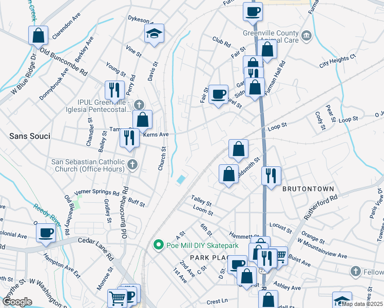 map of restaurants, bars, coffee shops, grocery stores, and more near 200 Victor Street in Greenville
