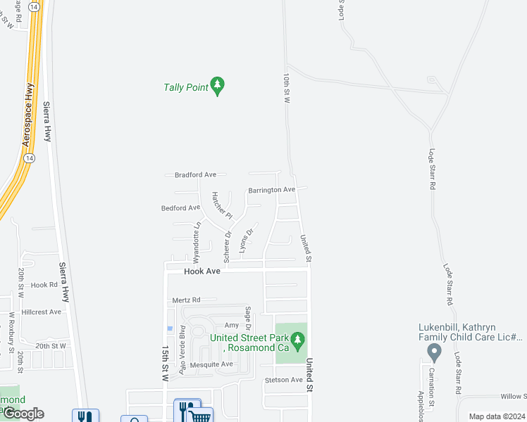 map of restaurants, bars, coffee shops, grocery stores, and more near 1156 Arlington Court in Rosamond