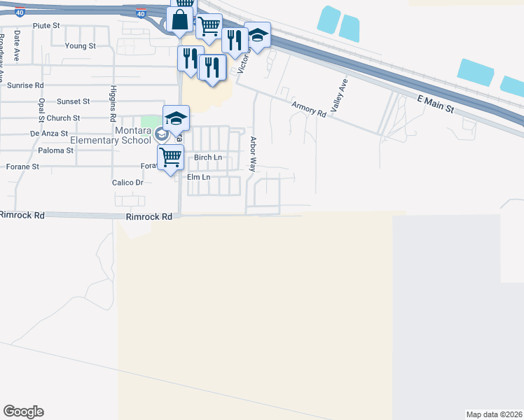 map of restaurants, bars, coffee shops, grocery stores, and more near 2114 Sierra Linda Drive in Barstow