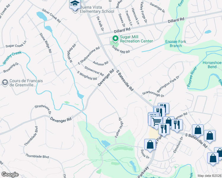 map of restaurants, bars, coffee shops, grocery stores, and more near 12 Springhead Way in Greer