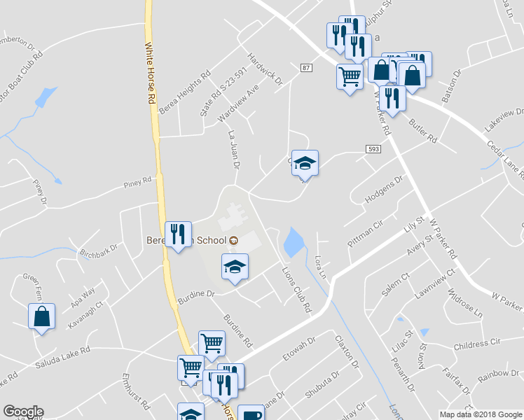 map of restaurants, bars, coffee shops, grocery stores, and more near 7 Lions Club Road in Greenville