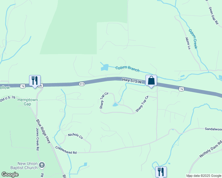 map of restaurants, bars, coffee shops, grocery stores, and more near 542 Sharp Top Circle in Blairsville