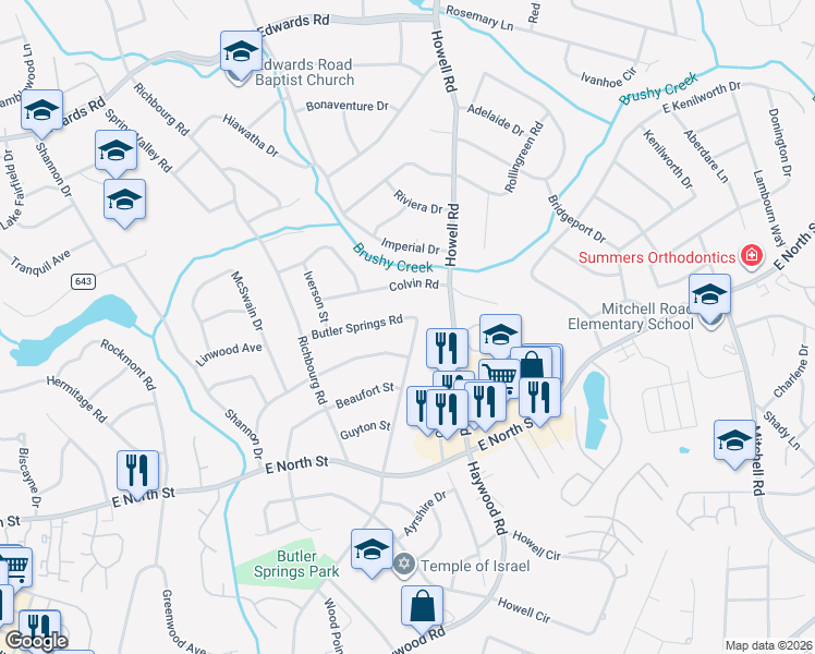 map of restaurants, bars, coffee shops, grocery stores, and more near 805 Butler Springs Road in Greenville