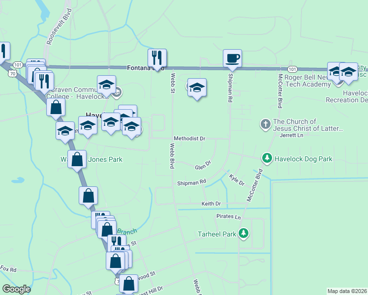 map of restaurants, bars, coffee shops, grocery stores, and more near 199 Webb Blvd in Havelock