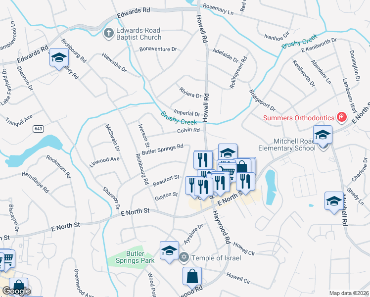 map of restaurants, bars, coffee shops, grocery stores, and more near 805 Butler Springs Road in Greenville