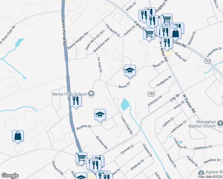 map of restaurants, bars, coffee shops, grocery stores, and more near 7 Lions Club Road in Greenville