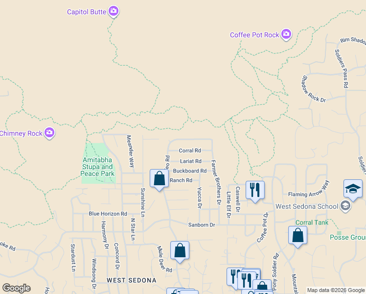map of restaurants, bars, coffee shops, grocery stores, and more near 2305 Corral Road in Sedona
