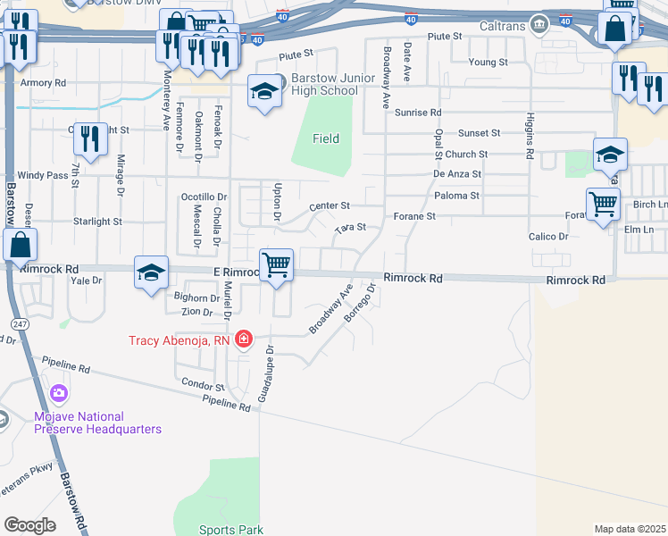 map of restaurants, bars, coffee shops, grocery stores, and more near 940 Cactus Court in Barstow