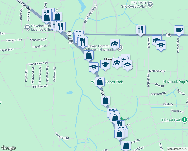 map of restaurants, bars, coffee shops, grocery stores, and more near 246 E Main St in Havelock